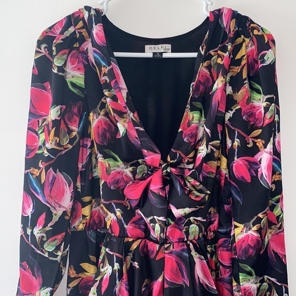 DELFI Collective Black Pink Floral Tie Front Lindsay Dress - Picture 12 of 12